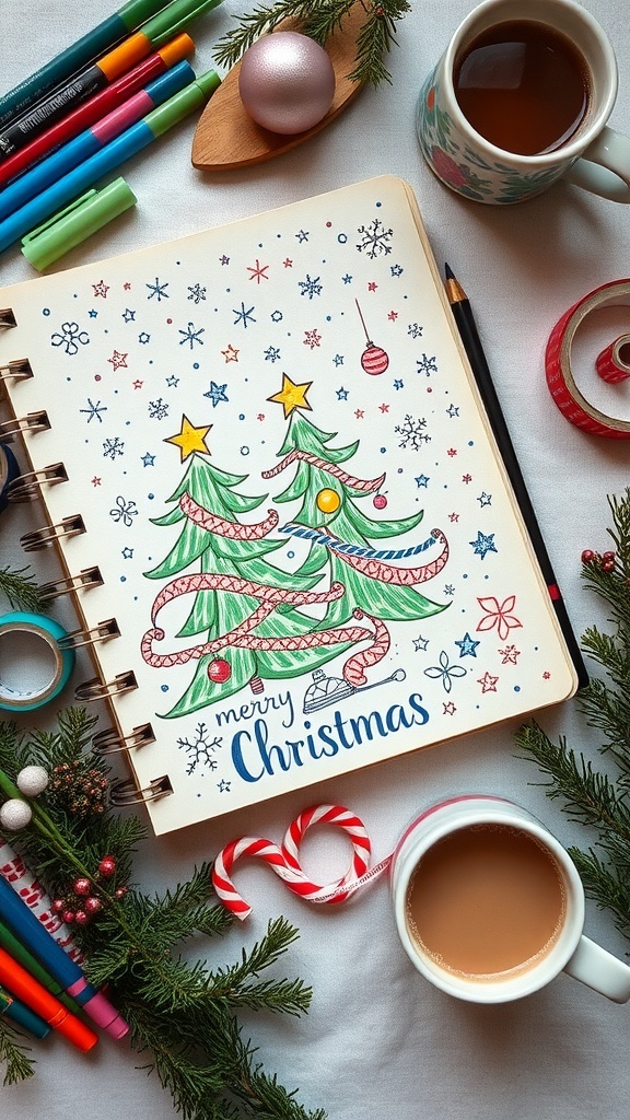 Open Christmas journal with colorful doodles of a tree, snowflakes, and art supplies.